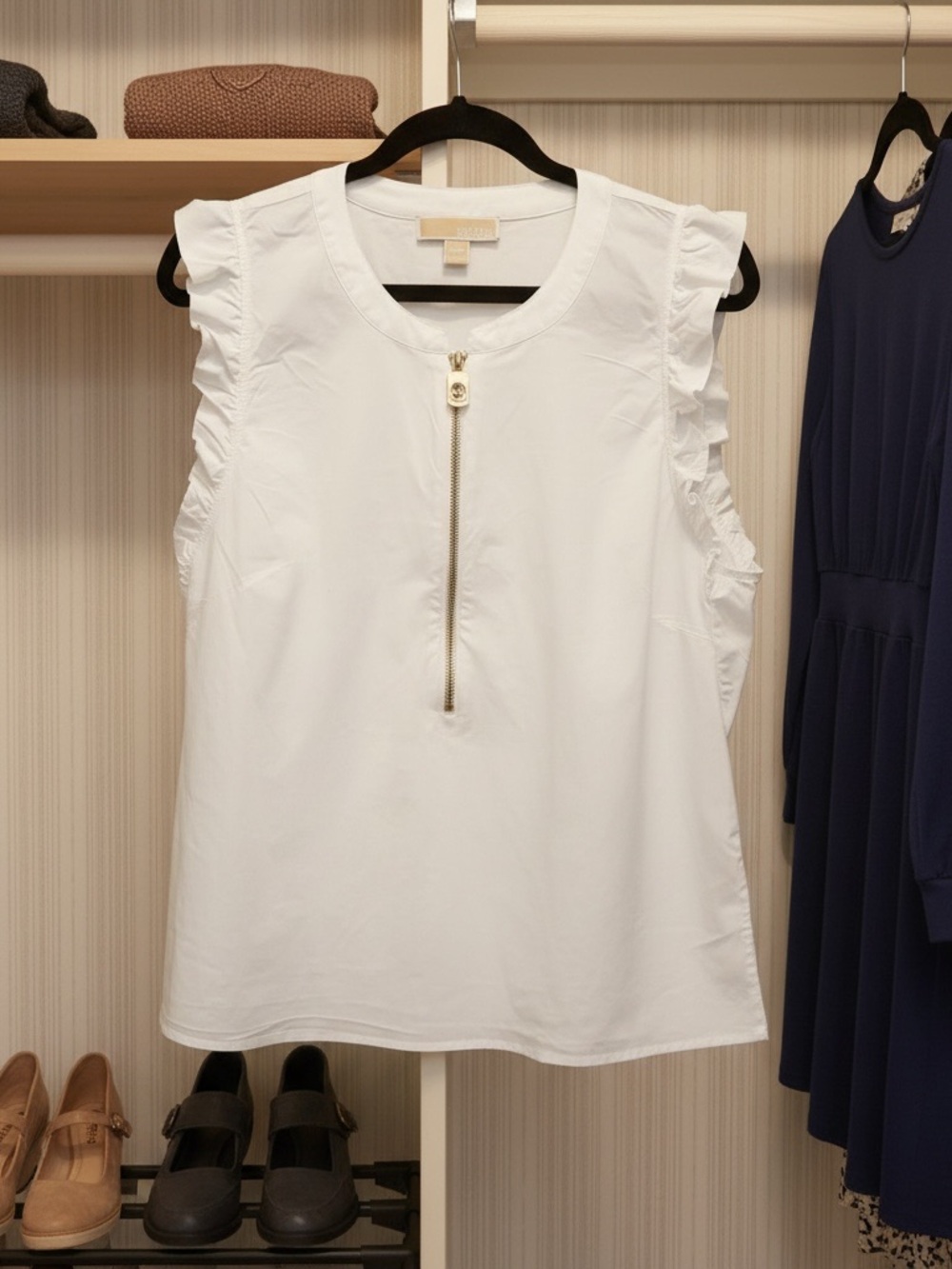 Michael Kors White Sleeveless Ruffle-Trim Zip Front Camisole